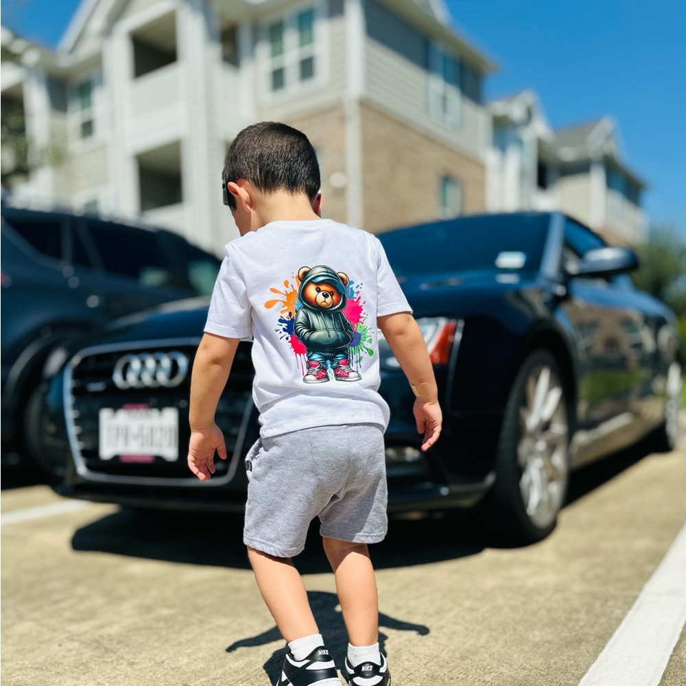 Kids White Graphic Tee and Grey Shorts Set